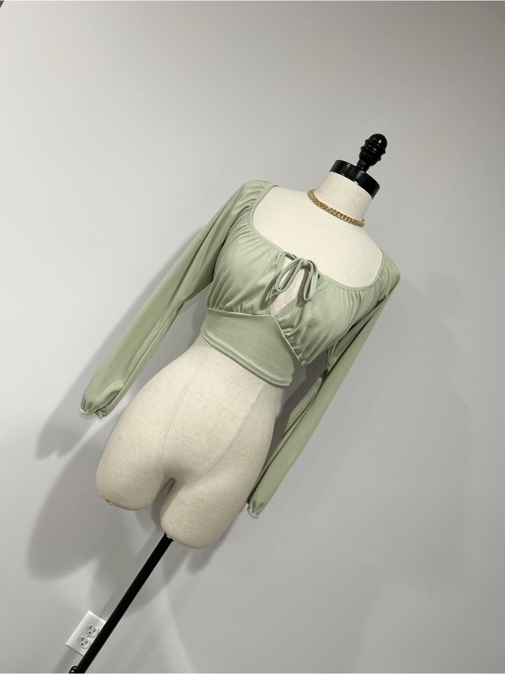 Nasty Gal Sage Green Tie-Front Long Sleeve Cropped Top